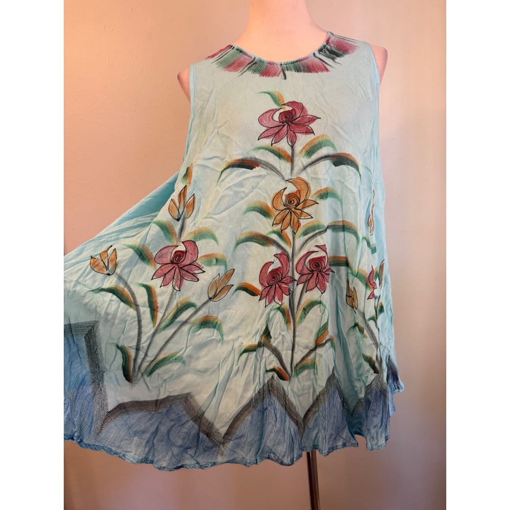Floral Tunic Sleeveless Turquoise Rayon Boho Top OS resort beach cottage festiva